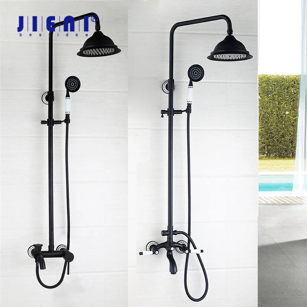 Afralia™ 8" Black Rain Shower Head Set with Hand Spray and Mixer Faucet
