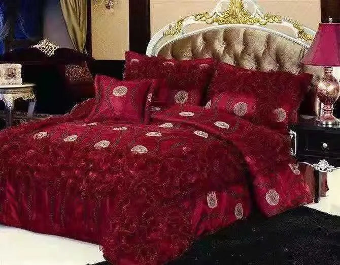 Afralia™ Jacquard Rose Lace Bedding Set, Luxurious European Style, Red & Champagne