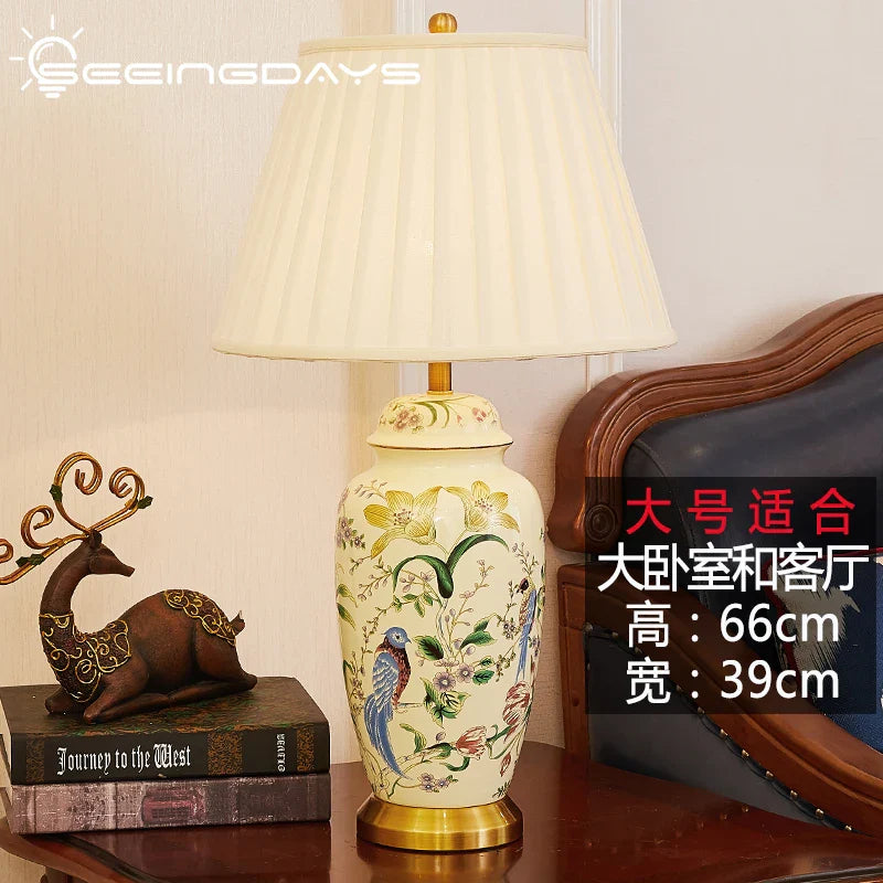 Afralia™ Country Flower Bird Ceramic Table Lamp Modern Simple Retro Bedroom Bedside