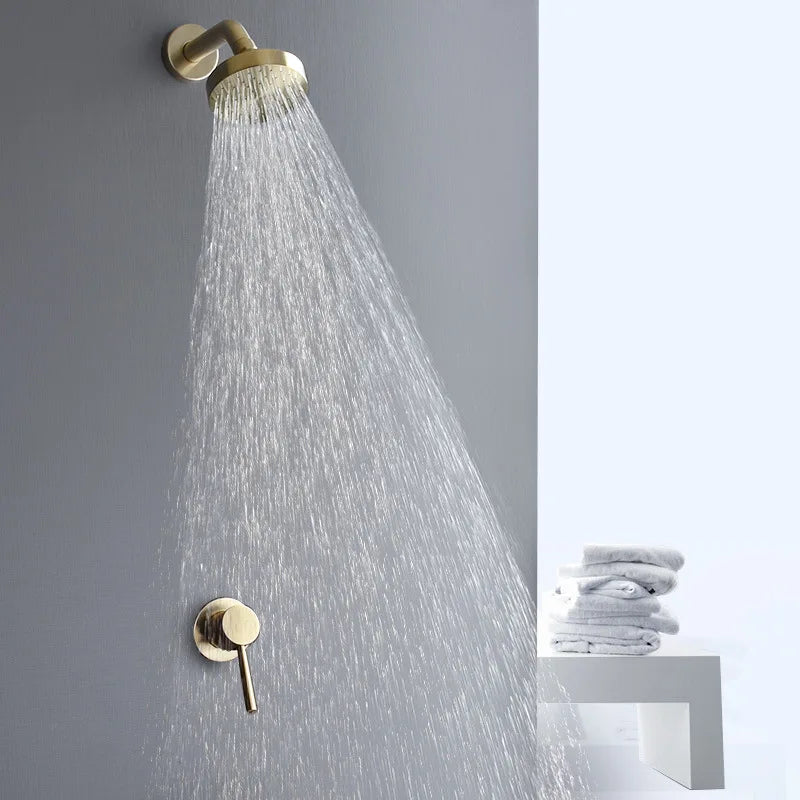 Afralia™ Brushed Gold Round Rainfall Shower Faucet Set, Wall Mounted Shower Mixer