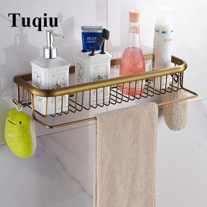 Afralia™ Gold Brass Bathroom Shelf with Towel Hanger, Shampoo Holder, and Basket