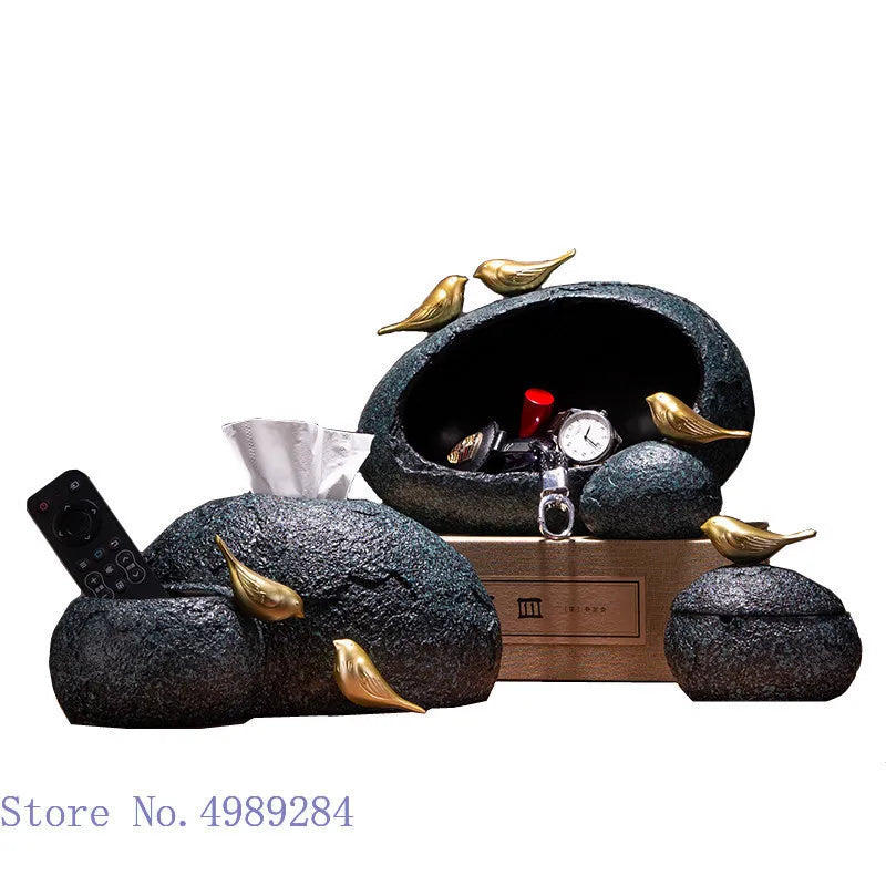 Afralia™ Golden Bird Resin Tissue Box Ashtray Desktop Organizer Storage Box