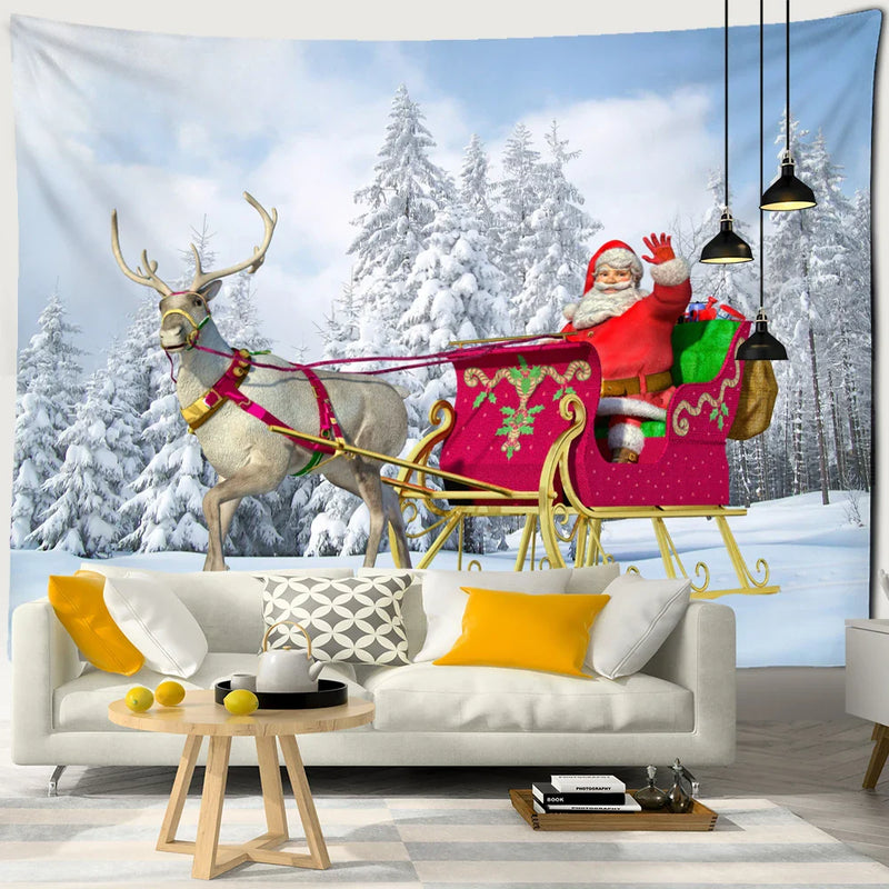 Afralia™ Santa Claus Sleigh Tapestry Wall Hanging Witchcraft Christmas Day Girl Home Decor