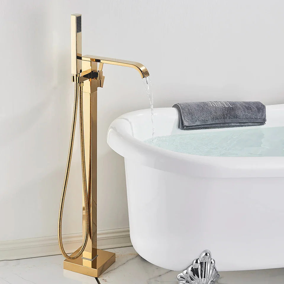 Afralia™ Gold Bathtub Faucet Set Hot Cold Water Shower Mixer Tap Waterfall Floor Stand