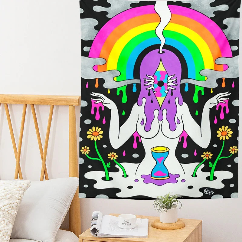 Afralia™ Psychedelic Floral Skull Tapestry Wall Hanging Rug for Bedroom and Living Room