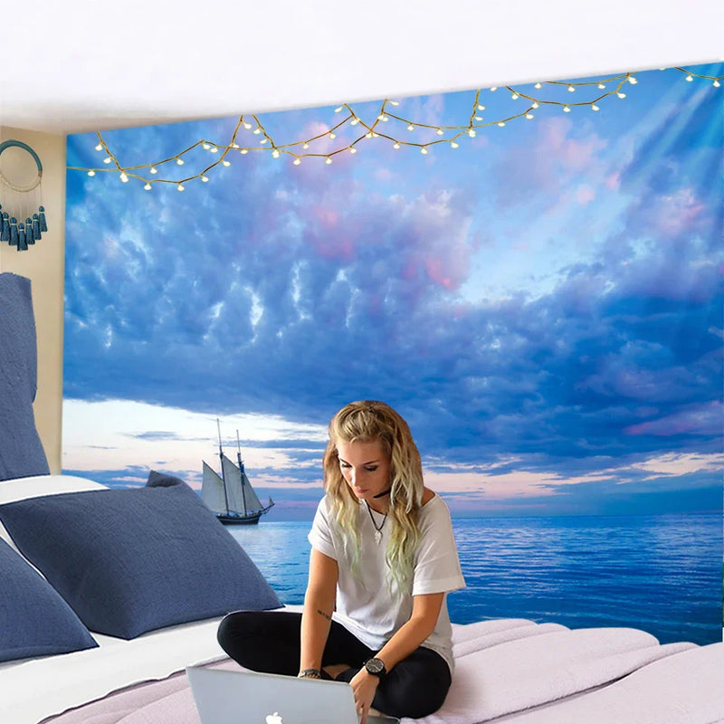 Blue Clouds Landscape Sky & Sea Wall Tapestry for Home Decor by Afralia™.