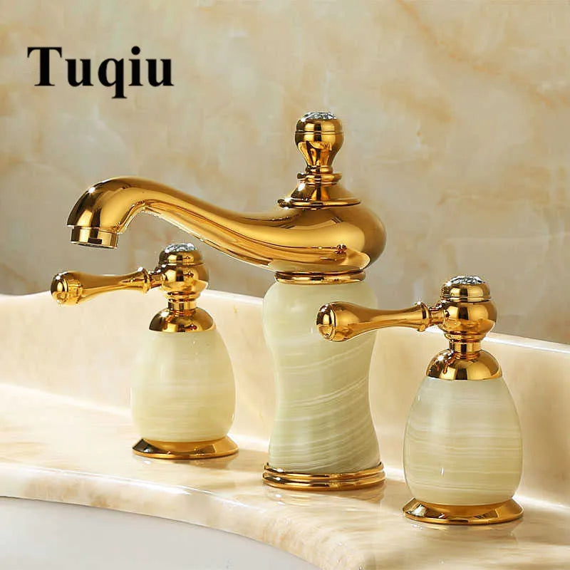 Afralia™ Gold Brass Jade 3 Hole Widespread Basin Faucet with Double Handle