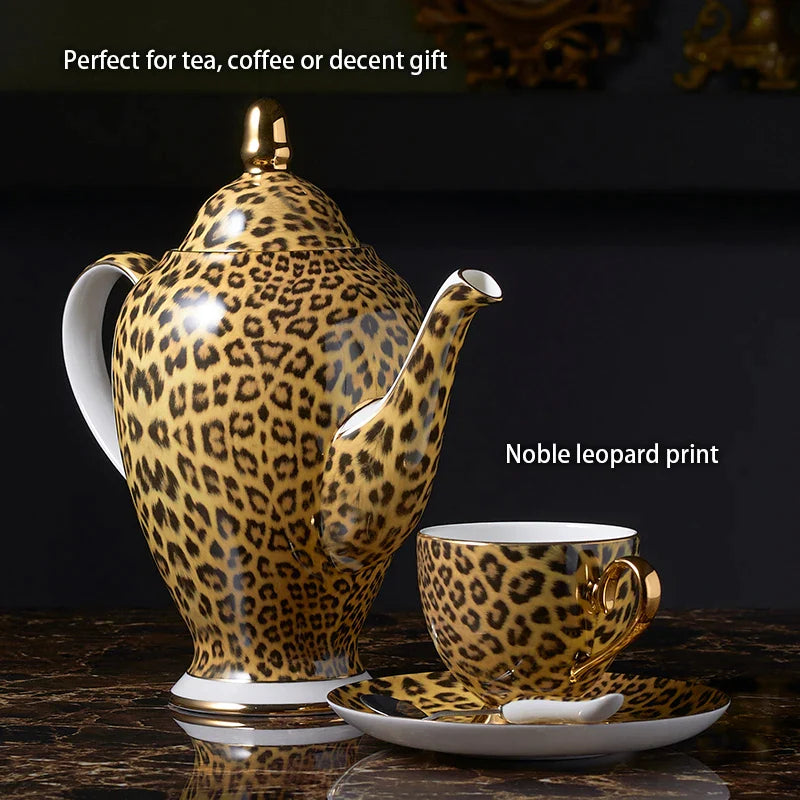 Afralia™ Leopard Print Bone China Coffee Set Tea Pot Cup Luxury Porcelain Drinkware