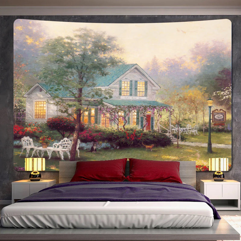 Afralia™ Forest Fairy Tale Cottage Oil Painting Tapestry Wall Hanging