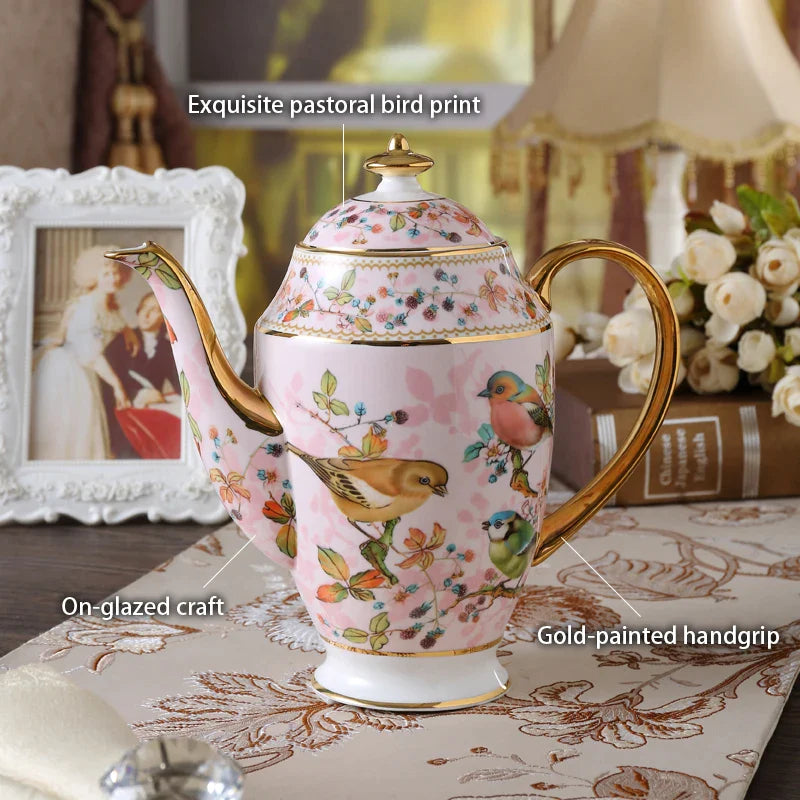 Afralia™ Pink Bird Bone China Tea & Coffee Set with Teapot, Cup, and Jug