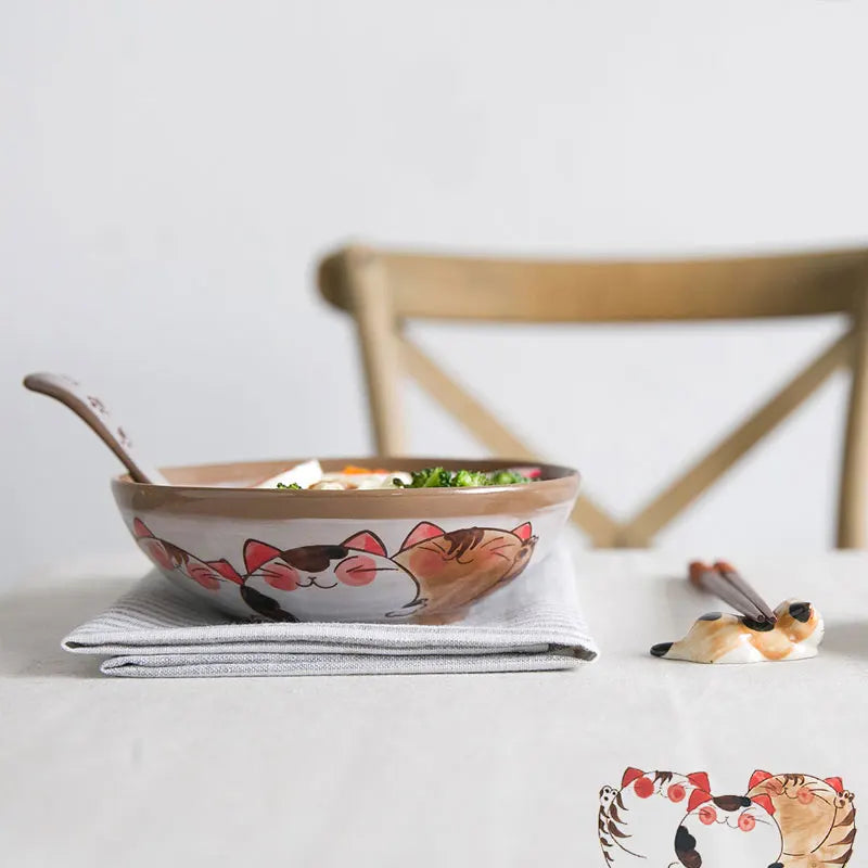 Afralia™ Japanese Style Handmade Fortune Cat Ceramic Bowl - Eco-Friendly Porcelain Bowl