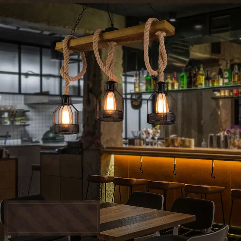 Afralia™ Retro Industrial Chandelier Wood Pendant Lamp for Restaurant Cafe Bar Lighting