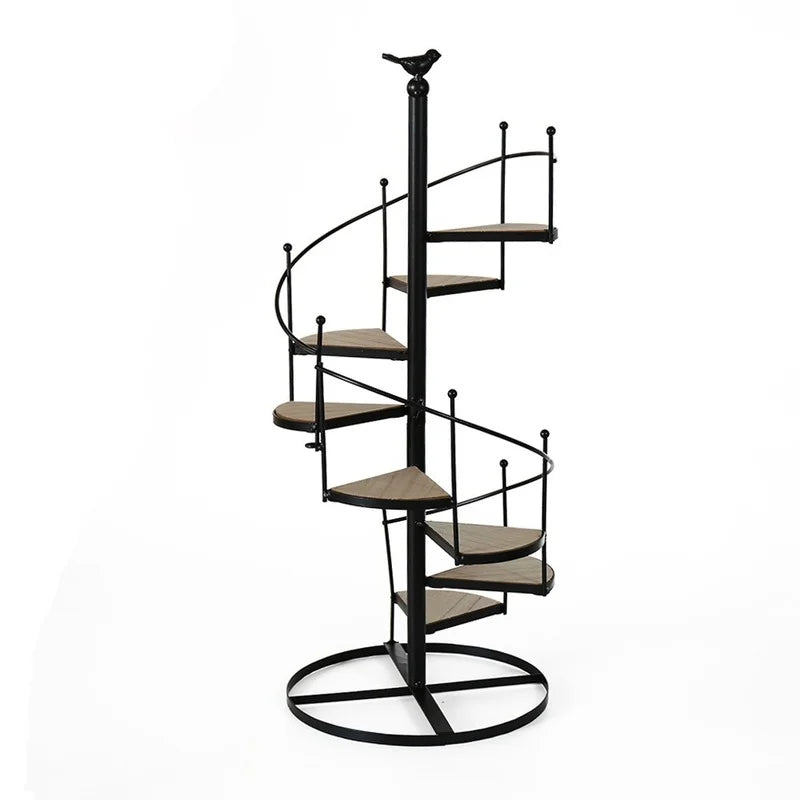 Afralia™ 8-Layer Stair Shape Iron Plant Stand with Wood Plate