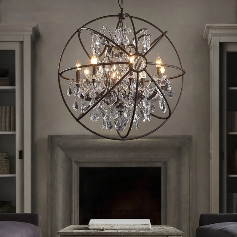 Afralia™ Rustic Black Orb Chandelier with Crystal Accents