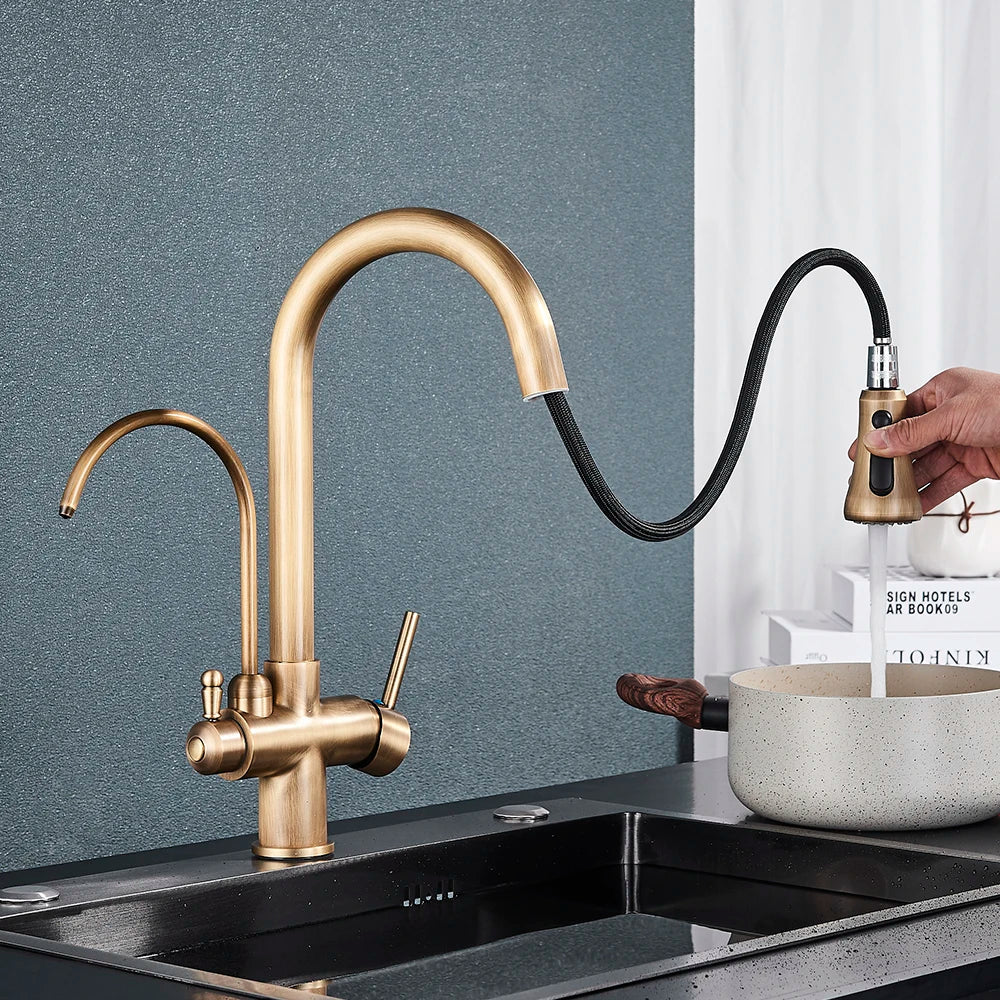 Afralia™ Brass Filter Kitchen Faucet with Rotatable Spout and Dual Handles
