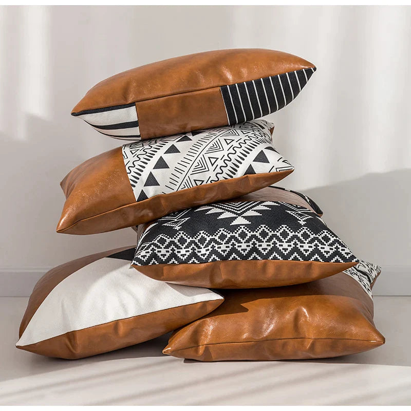 Afralia™ Cognac Leather Cotton Color Block Cushion Cover 45x45cm