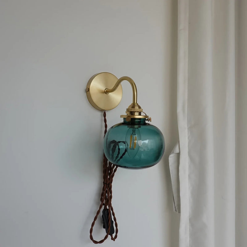 Afralia™ Blue Glass Ball Wall Lights Pull Chain Switch LED Sconce for Home Bedroom