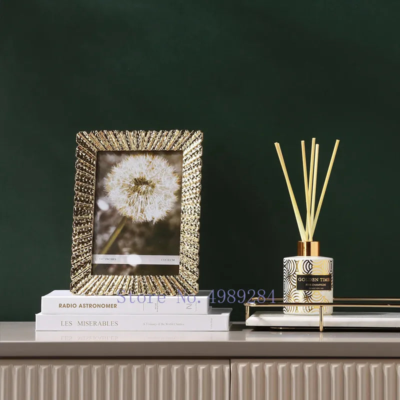 Golden Framed Photo Display for Home Decor by Afralia™