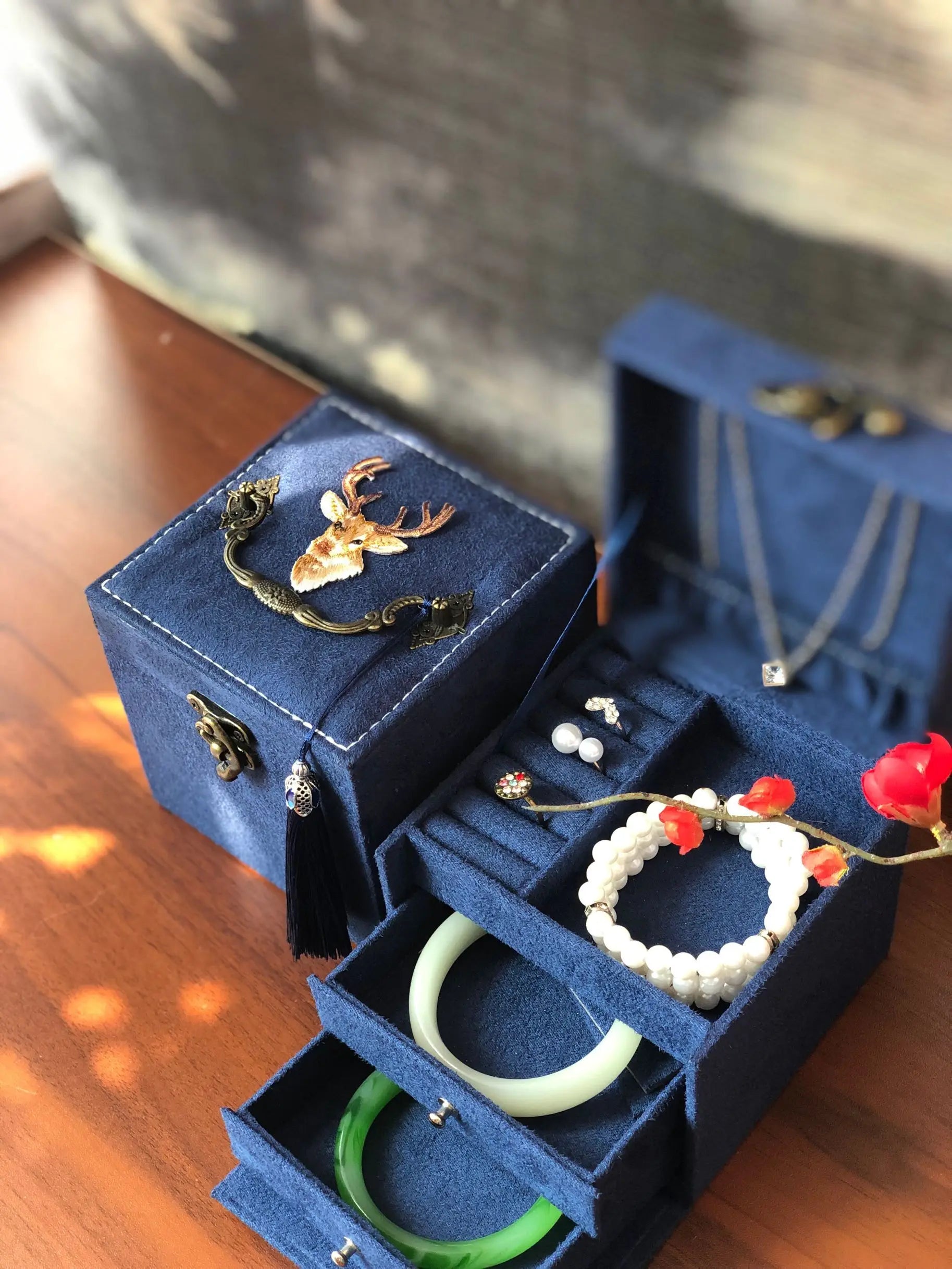 Afralia™ Three-Layer Floral Embroidery Jewelry Organizer & Makeup Box