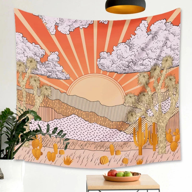 Afralia™ Mountain Sun Tapestry Sunrise Tree Cactus Wall Hanging Psychedelic Landscape Decor