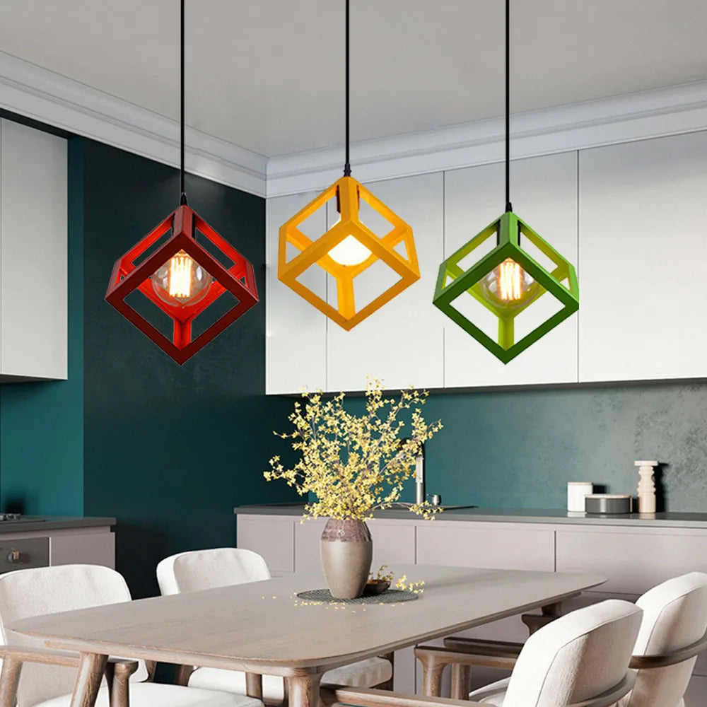 Afralia™ Geometric Cube Pendant Lights Trio Metal Shades Square Ceiling Lamps