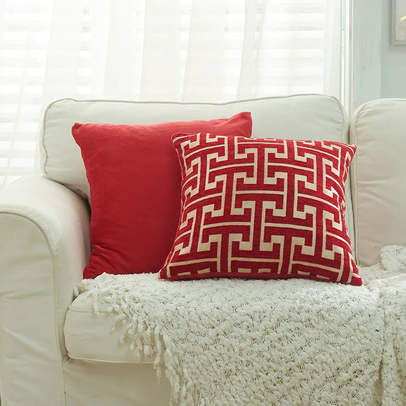 Afralia™ Geometric Chenille Lumbar Pillowcase - Modern Red Gold Jacquard Decor Cover