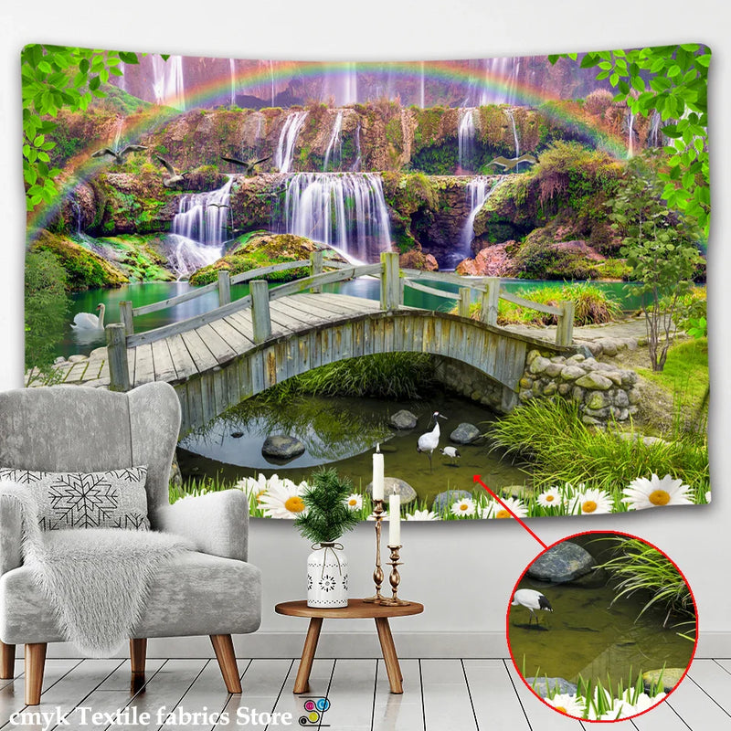 Forest Waterfall Tapestry Wall Hanging: Afralia™ Rainbow Landscape Table Mat Home Decor