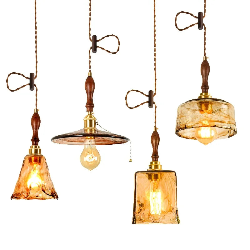 Afralia™ Wood Copper Pendant Lights, Amber Glass Japanese Style Hanging Lamp, Adjustable LED Fixtures