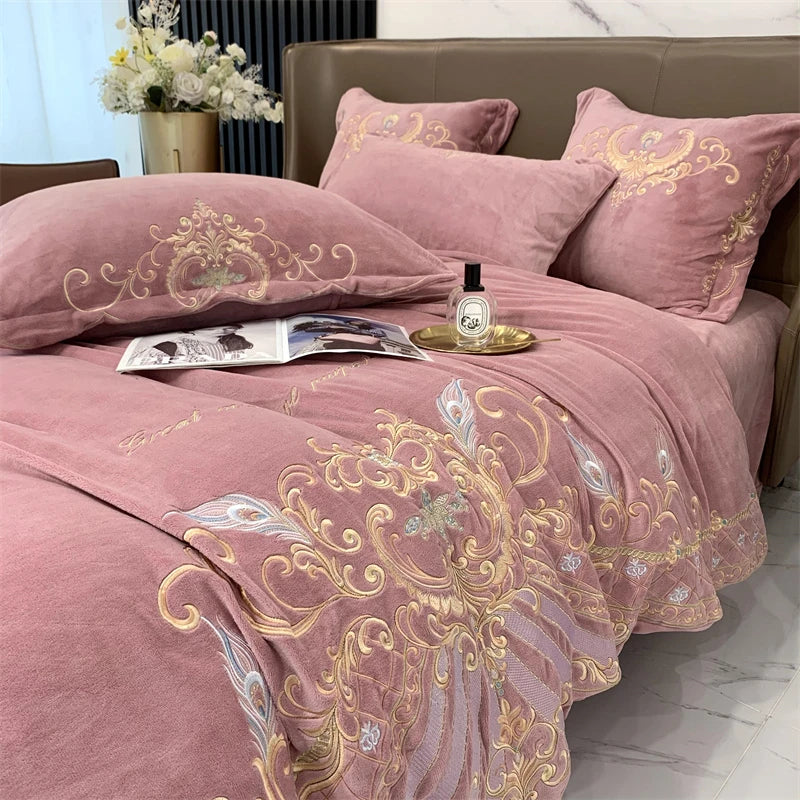 Afralia™ Luxe Velvet Fleece Bedding Set with Gold Embroidery - Comforter cover, Sheet, Pillowcases
