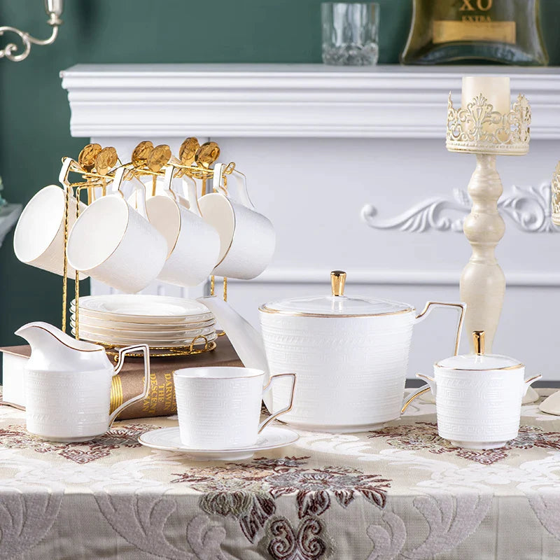 Afralia™ Bone China White Tea Set: Coffee Cup, Saucer, Milk Jar, Sugar Bowl, British Teaware