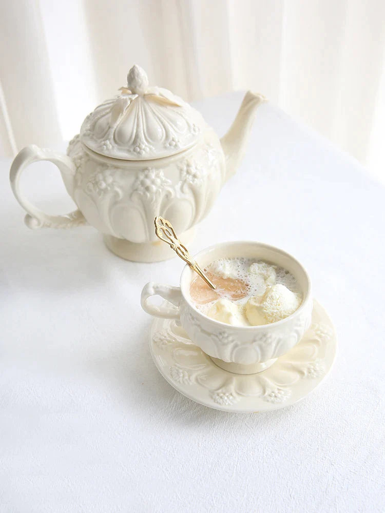 Afralia™ French Garden Cream Ceramic Tea Cup Saucer Set for Elegant Afternoon Tea