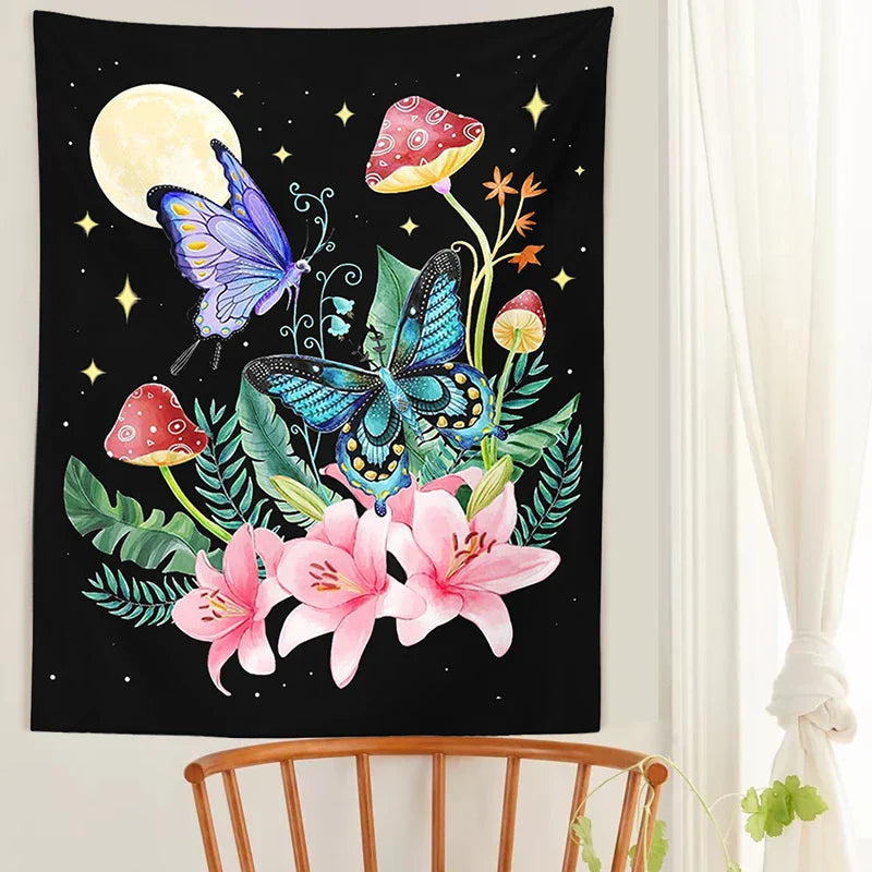 Afralia™ Mushroom Moon Star Tapestry Floral Wall Hanging for Boho Bedroom Decor