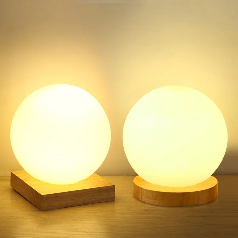 Afralia™ Glass Ball LED Table Lamp Wooden Round Desk Night Light