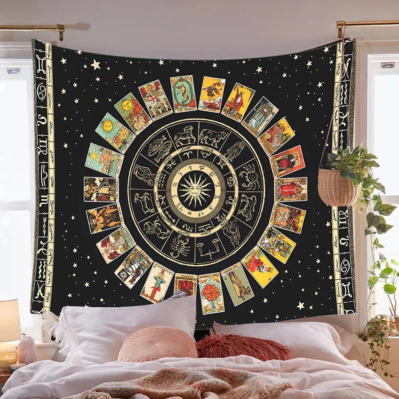 Afralia™ Tarot Card Tapestry: Zodiac Wheel & Major Arcana Sun Moon Wall Hanging