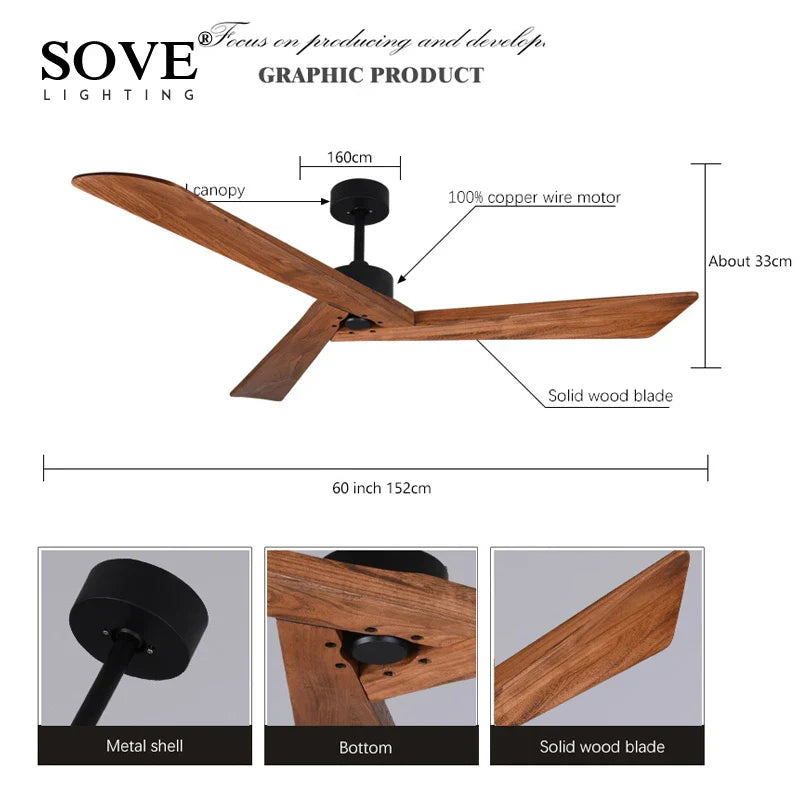 Afralia™ 60" Wood Ceiling Fan Remote Control Living Room Dining Loft DC Fan 220V