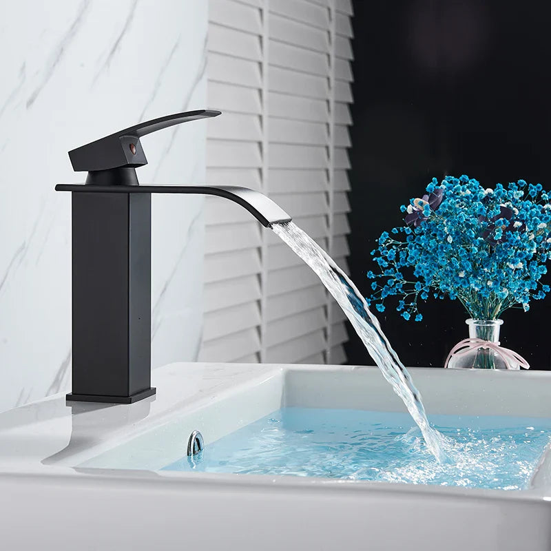 Afralia™ Waterfall Basin Faucet Chrome/Black Brass Mixer Tap for Bathroom Sink