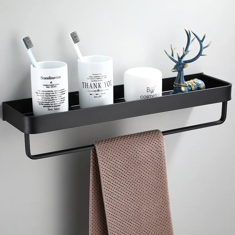 Afralia™ Black Aluminum Bathroom Shower Shelf with Hook Bar and Shampoo Holder