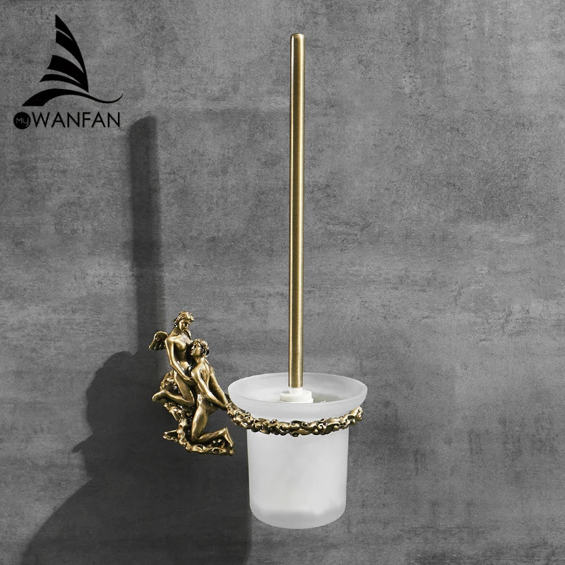 Afralia™ Gold/Silver Romantic Toilet Brush Holder Set with Glass Cup & Brass Handle
