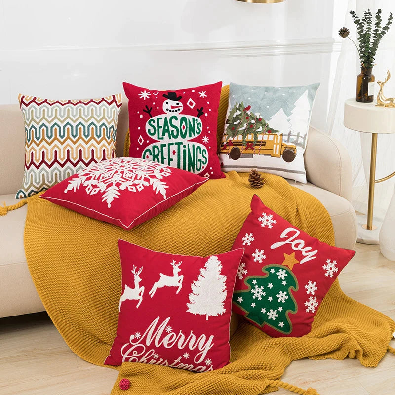 Afralia™ Christmas Embroidered Cushion Cover 45x45cm - Red Green Santa Snowflake Deer Snowman