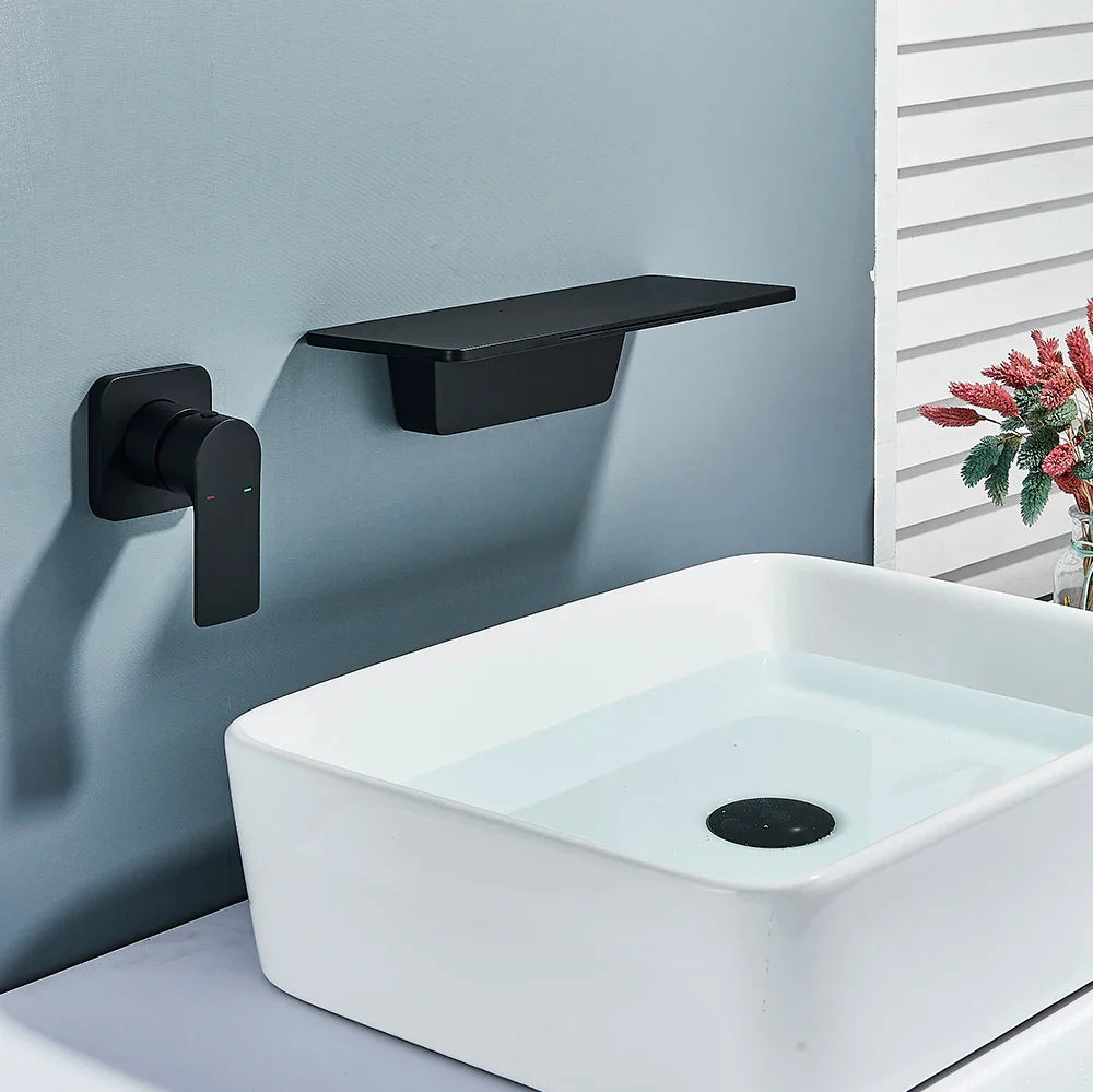 Afralia™ Matte Black Waterfall Sink Faucet Shelf Hot Cold Mixer Taps - Wall Mounted Brass Basin Faucet