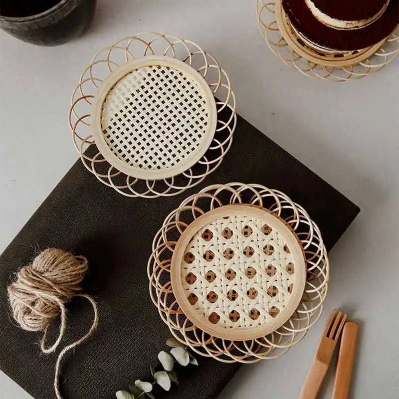 Afralia™ Bamboo Woven Coasters & Storage Basket Set for Kitchen Table Décor