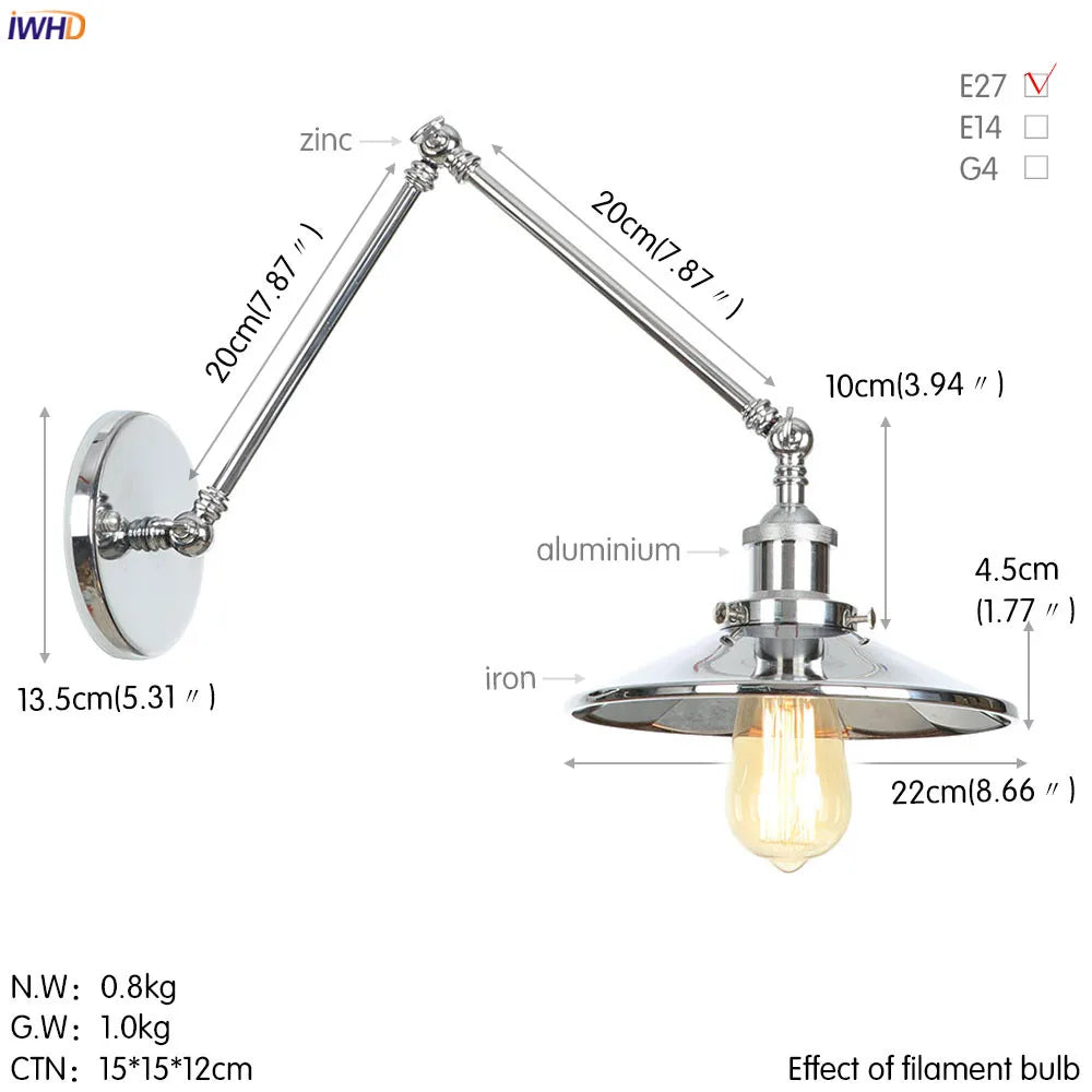 Afralia™ Silver Swing Arm LED Wall Light - Industrial Vintage Wall Sconce