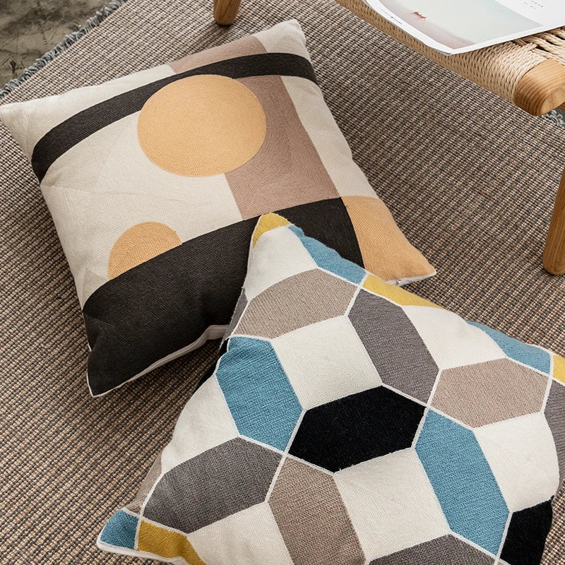 Afralia™ Geometric Embroidery Cushion Cover Set - Blue Coffee Yellow Grey Abstract Square