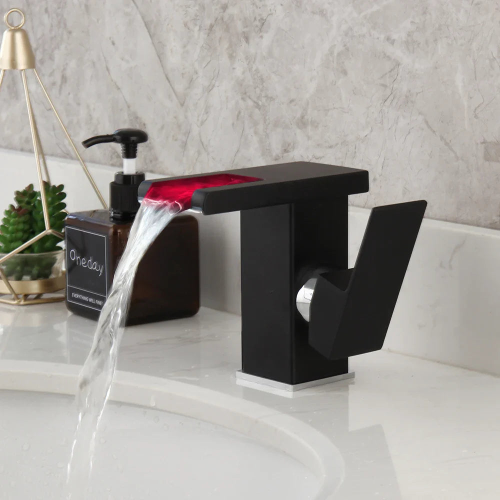 Afralia™ LED Waterfall Basin Faucet White & Black Mixer Tap Deck Mount Solid Brass