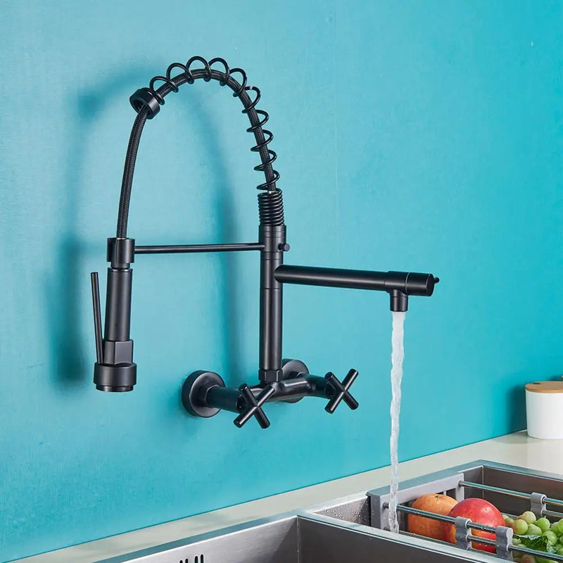 Afralia™ Black Wall-Mounted Kitchen Faucet with Swivel Spout and Dual Handles