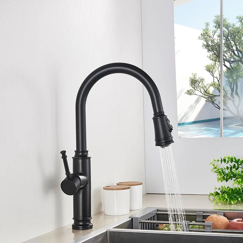 Afralia™ Matte Black Kitchen Faucet: Pull Out Dual Water Spout, 360 Rotation Hot Cold Mixer