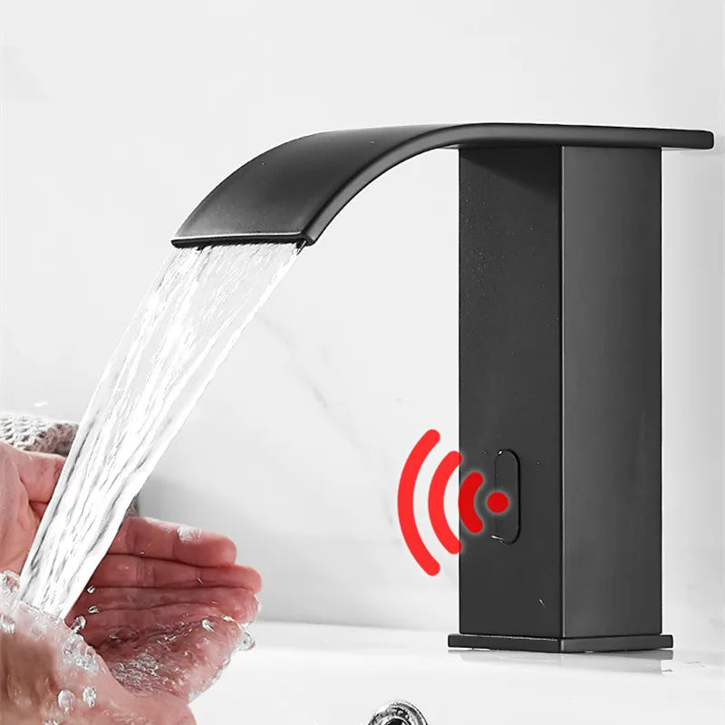 Afralia™ Black Sensor Waterfall Basin Faucet - Automatic Touchless Hot Cold Water Mixer