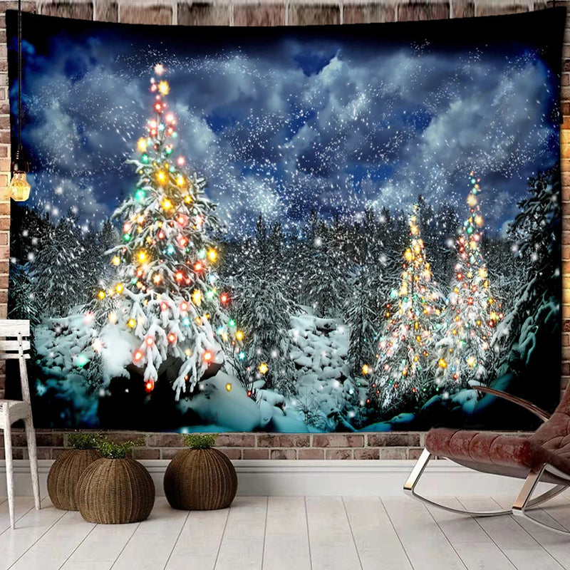 Afralia™ Christmas Woods Snow Scene Tapestry Wall Hanging - Elk Bohemian Style Bed Curtain Home Decor