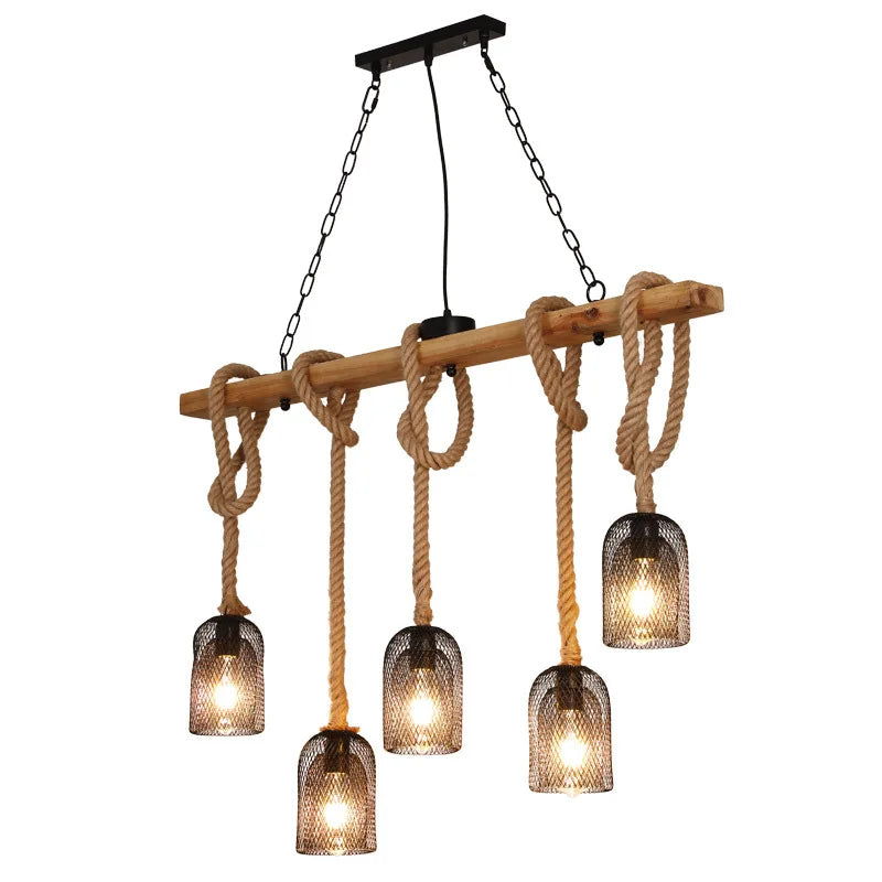 Afralia™ Vintage Droplight: Hemp Rope Wood Ceiling Chandelier for Dining, Restaurant, Cafe