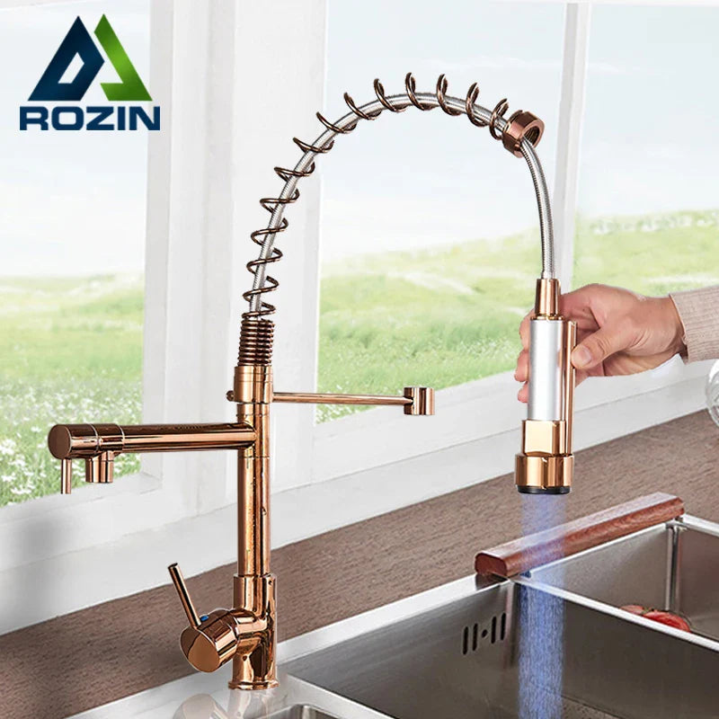 Afralia™ LED Light Rose Gold Kitchen Faucet with Pull Down Spring Swivel Spout